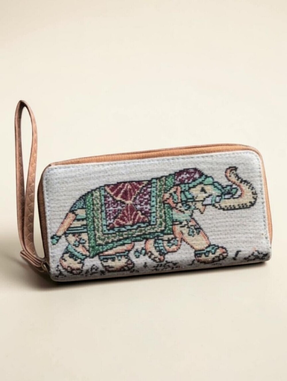 Boho Chic Elephant Embroidered Tapestry Zip Around Wallet Wristlet NEW